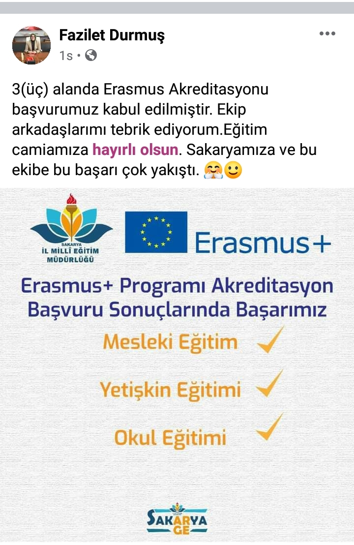 Erasmus + Programı Akreditasyonu Başvuru Sonuçlarında Sakarya  Millî Eğitim Müdürlüğü Başarısı