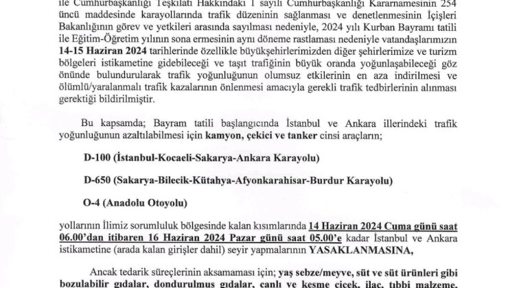 Kamyon, çekici ve tanker cinsi araçlara 1 günlük yasak
