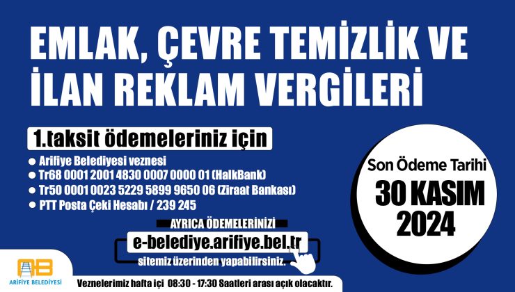 Arifiye Belediyesinden Vergi Hatırlatması: Son Tarih 30 Kasım 2024